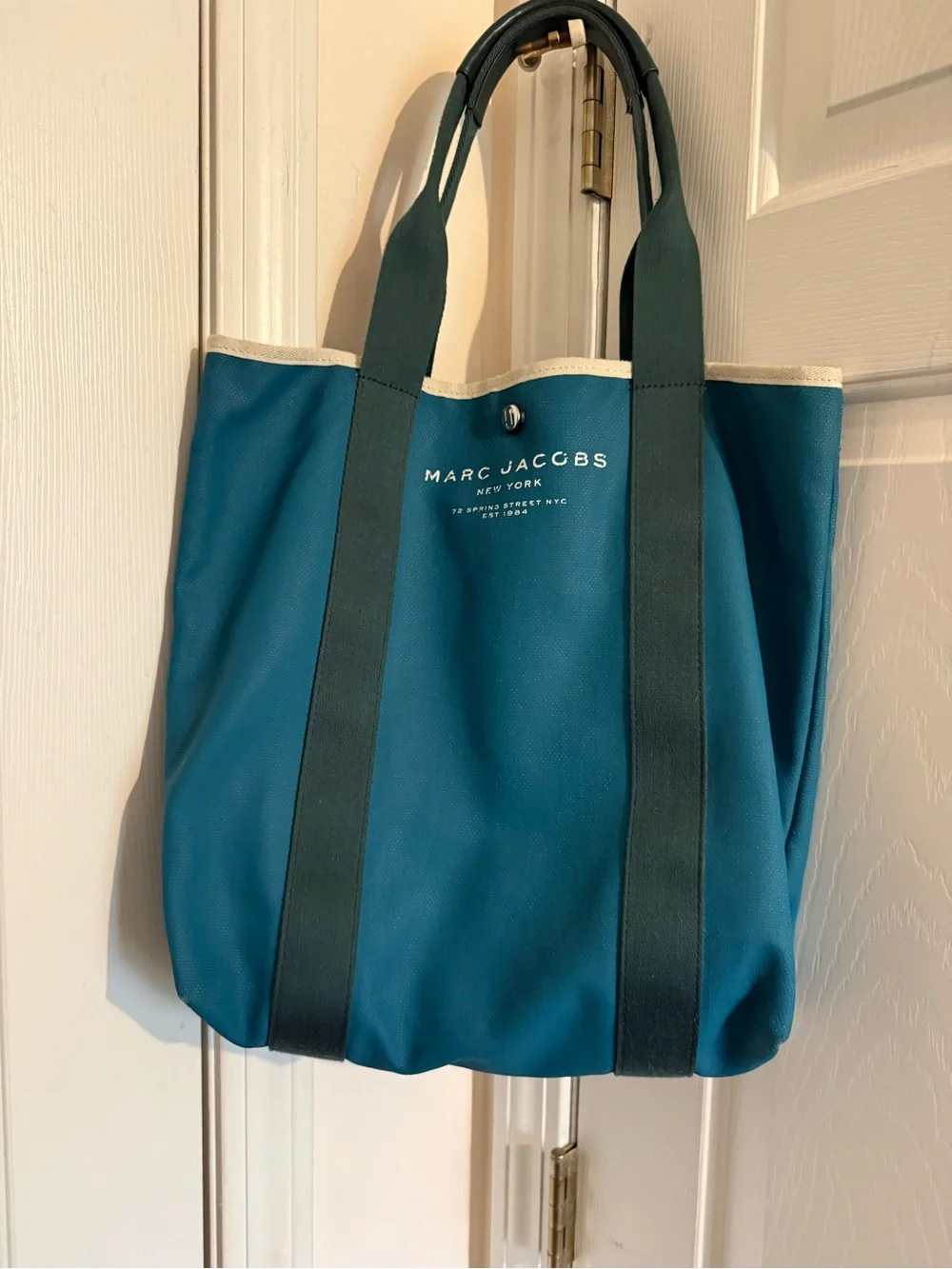 Marc Jacobs Teal Canvas Messenger Tote with Cream Trim